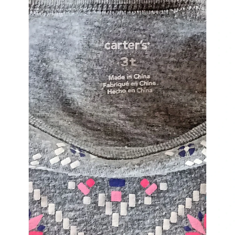 Carters Shirt Size 3T Girls Gray White Pink Blue Long Sleeve